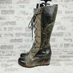 Sorel Olive Green Lace-Up Wedge Boots